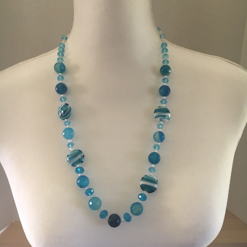 Handcrafted blue and white glass bead necklace